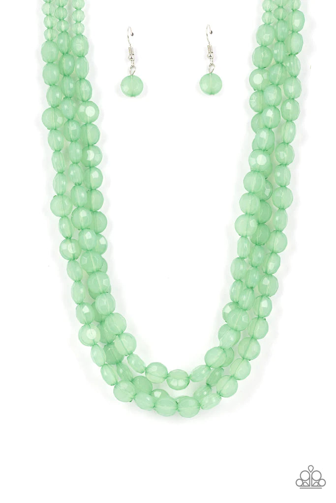 Paparazzi Accessories Boundless Bliss - Green Featuring faceted gem-like cuts, opaque Basil crystal-like beads are threaded along layers of thread below the collar for a dreamy pop of color. Features an adjustable clasp closure. Sold as one individual nec