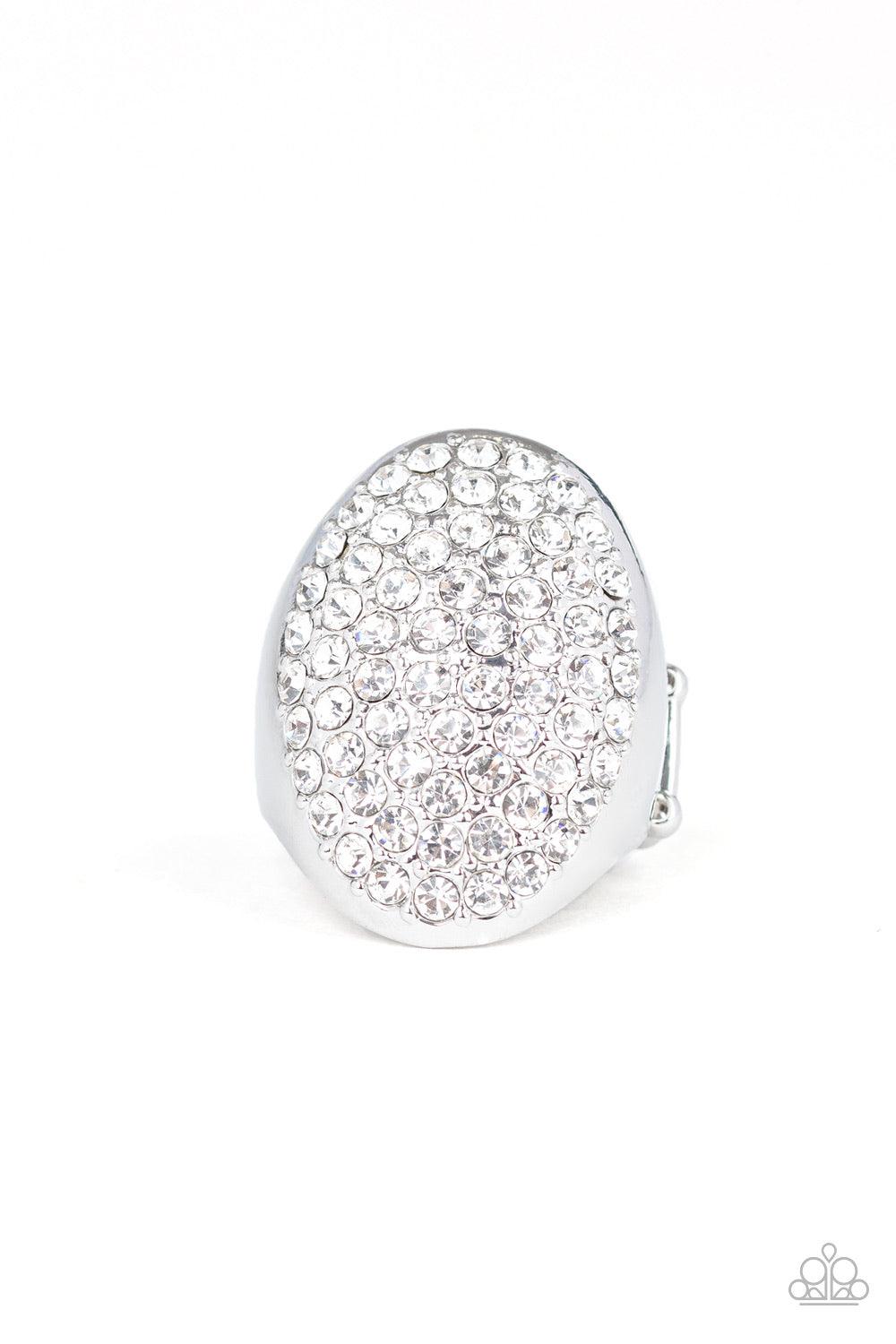 Paparazzi Accessories Bling Scene - White Row after row of dazzling white rhinestones radiate out from the center of a thick silver frame, creating a blinding centerpiece atop the finger. Features a stretchy band for a flexible fit. Jewelry