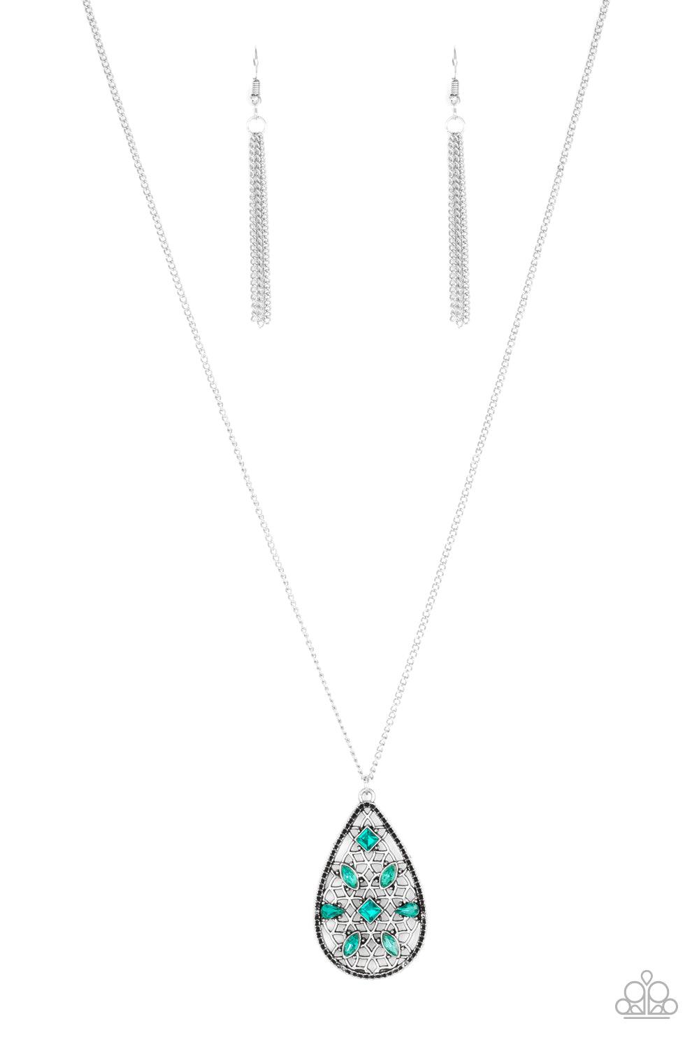 Paparazzi Accessories Gala Glimmer - Green Dotted in a variety of green rhinestones, a silver teardrop pendant swings from the bottom of a lengthened silver chains for a refined look. Features an adjustable clasp closure. Sold as one individual necklace.