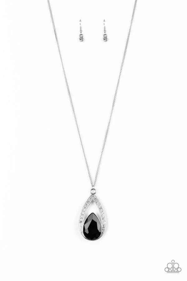 Paparazzi Accessories Notorious Noble - Black A glittery black teardrop gem is pressed into a silver frame radiating with glassy white rhinestones. The glamorous pendant swings from the bottom of a shimmery silver chain for a refined look. Features an adj
