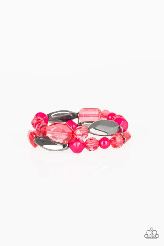 Paparazzi Accessories Rockin Rock Candy - Pink Mismatched gunmetal, polished pink, and crystal-like beads are threaded along interlocking stretchy bands for a whimsical look. Sold as one individual bracelet. Jewelry