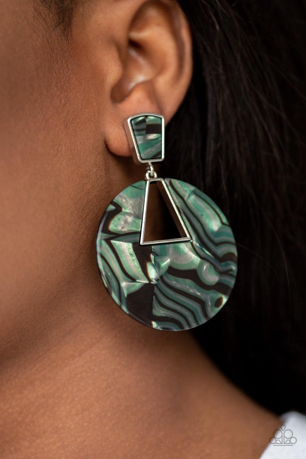 Paparazzi Accessories Let HEIR Rip! - Green Featuring a faux marble finish, a shimmering acrylic frame swings from the bottom of a matching acrylic fitting for a refined, retro look. Earring attaches to a standard post fitting. Jewelry