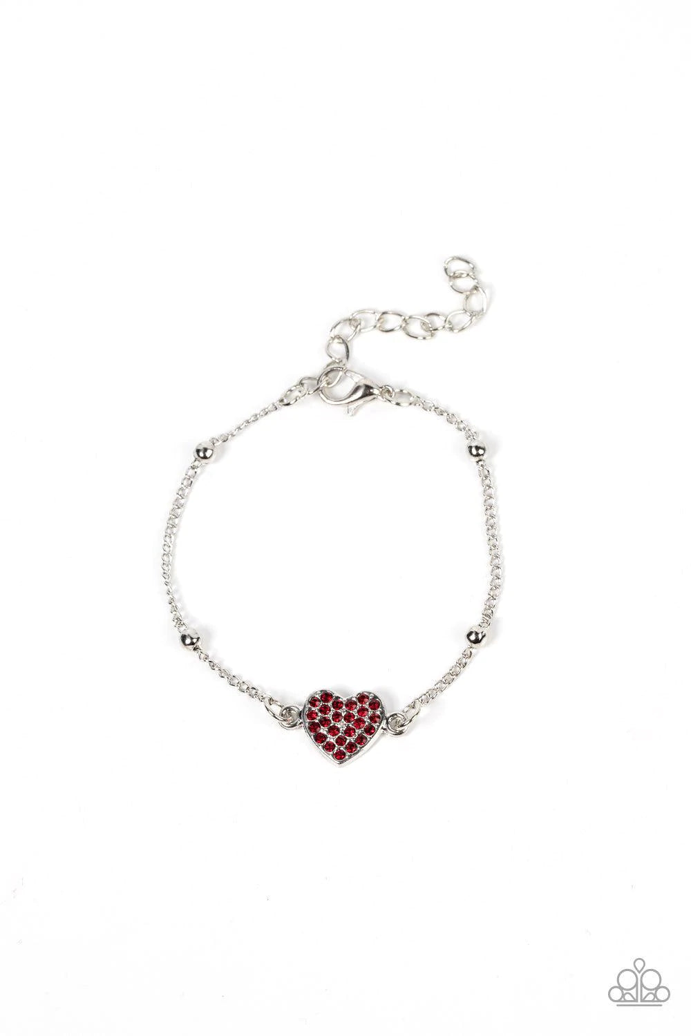 Paparazzi Accessories Heartachingly Adorable - Red A red rhinestone dotted silver heart charm adorns a silver beaded chain, creating a romantic centerpiece. Features an adjustable clasp closure. Sold as one individual bracelet. Jewelry