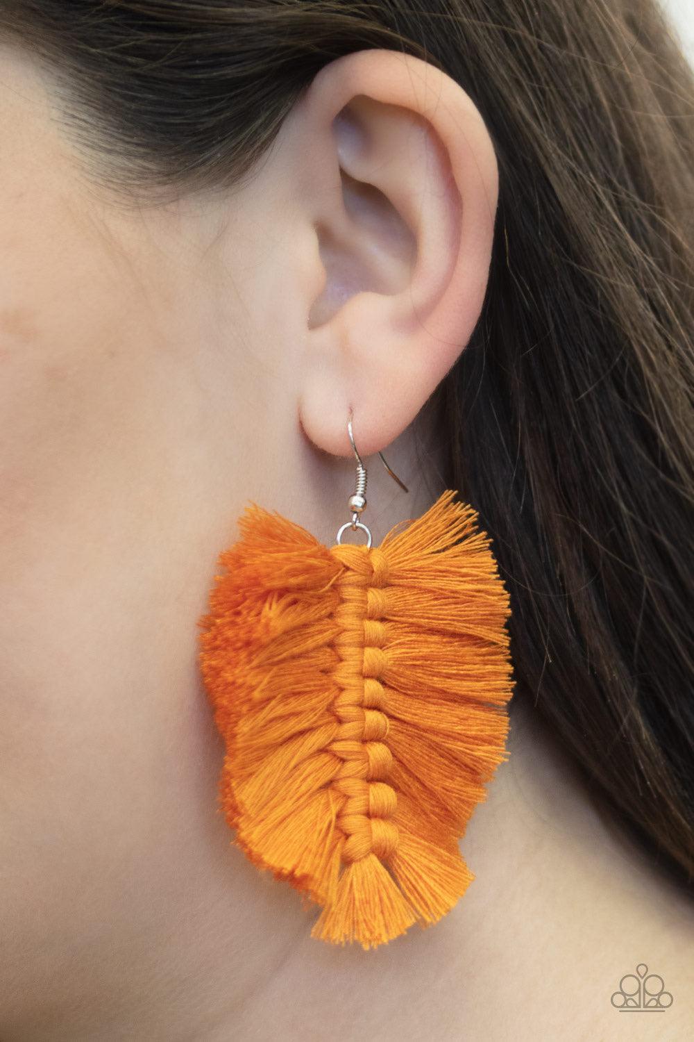 Paparazzi Accessories Knotted Native - Orange Orange Peel tassels knot together, coalescing into a bold fringe for a dramatic look. Earring attaches to a standard fishhook fitting. Jewelry