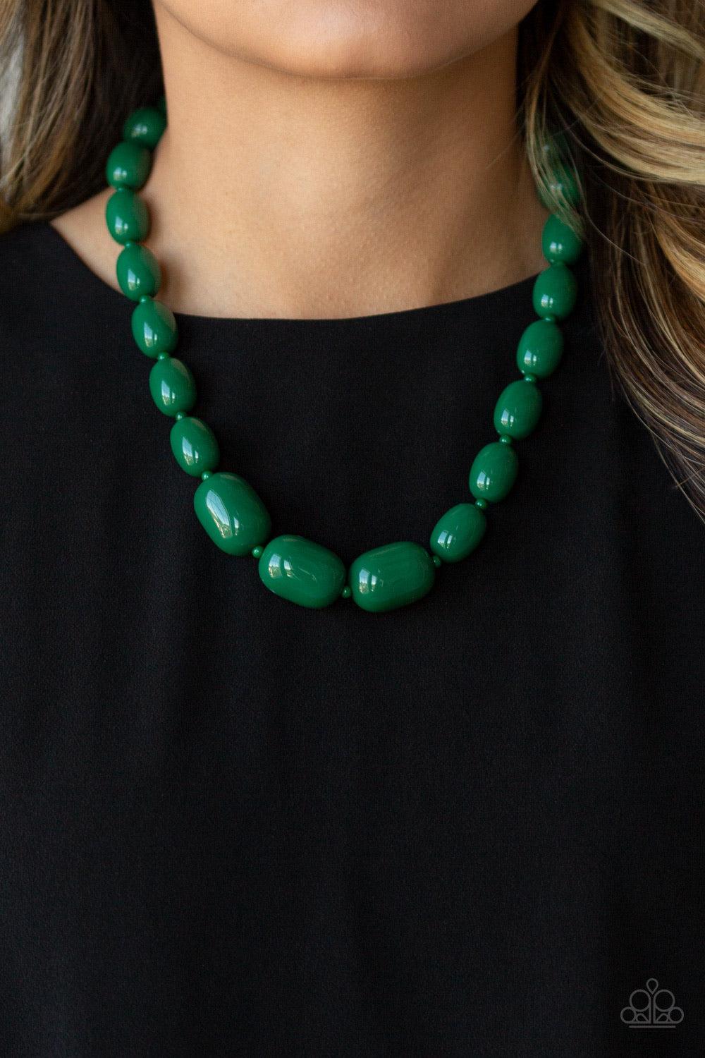 Paparazzi Accessories Poppin Popularity - Green Infused with dainty Eden beads, round Eden beads trickle into bold oval beads, creating a bold pop of color below the collar. Features an adjustable clasp closure. Jewelry