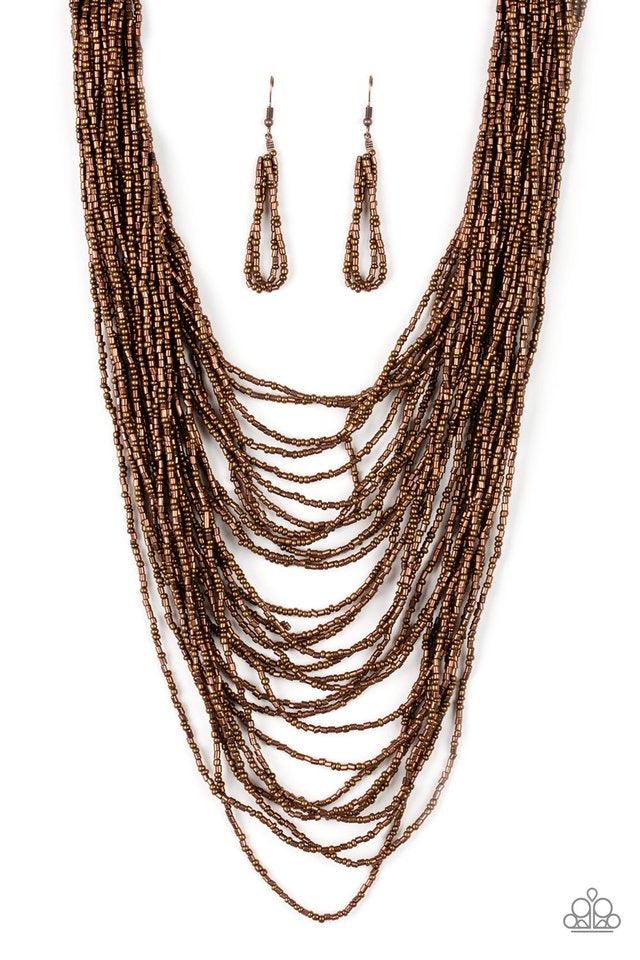 Paparazzi Accessories Dauntless Dazzle - Copper Brushed in an icy metallic shimmer, countless strands of copper seed beads drape across the chest in a bold fashion. Featuring a collision of shapes and shimmer, the glittery strands connect to two large cop
