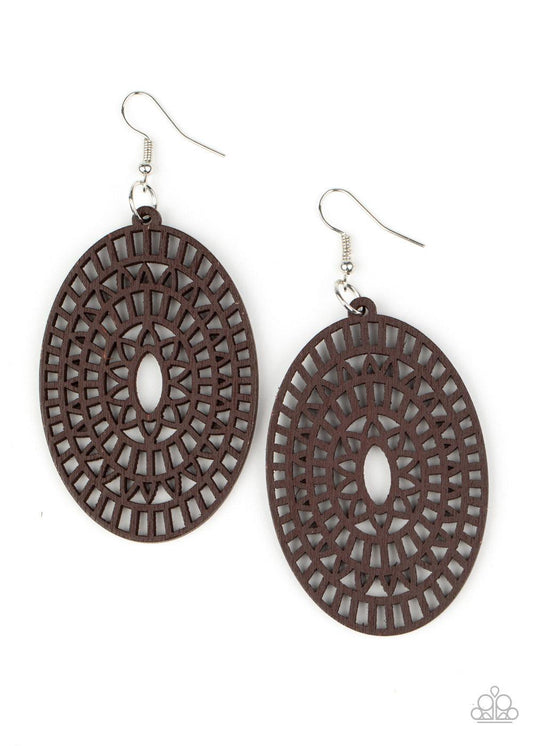 Paparazzi Accessories Tropical Retreat - Brown Painted in a natural brown finish, an oval wooden frame has been cut into an airy floral stencil for a seasonal flair. Earring attaches to a standard fishhook fitting. Sold as one pair of earrings. Jewelry