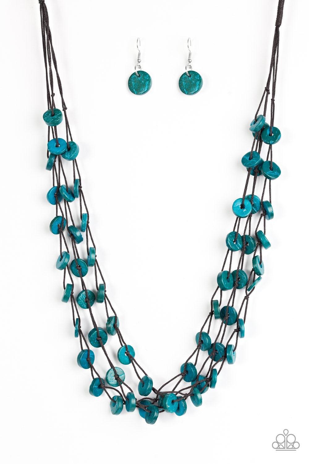 Paparazzi Accessories Hoppin Honolulu - Blue Tinted in a refreshing blue finish, distressed wooden discs trickle along strands of knotted brown cording, creating colorful layers below the collar for a seasonal vibe. Features a button-loop closure. Jewelry