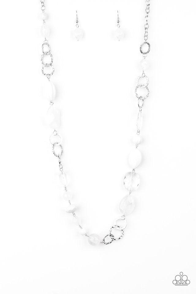 Paparazzi Accessories Prismatic Paradise - White Featuring glassy and polished finishes, a collection of white beads and hammered silver rings drape across the chest for a whimsical look. Features an adjustable clasp closure. Sold as one individual neckla