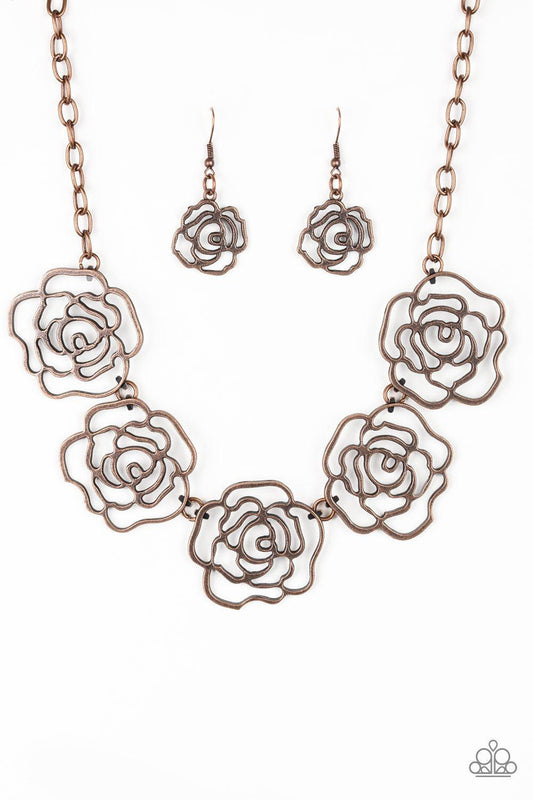 Paparazzi Accessories Budding Beauty - Copper Brushed in an antiqued finish, stenciled copper rosebuds link below the collar for a seasonal fashion. Features an adjustable clasp closure. Sold as one individual necklace. Includes one pair of matching earri