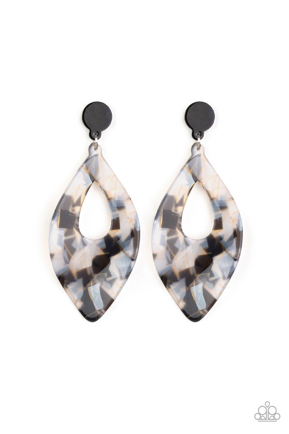 Paparazzi Accessories Metro Retrospect - Black Featuring a shimmery geometric finish, an abstract acrylic lure attaches to a simple black acrylic fitting for a retro inspired look. Earring attaches to a standard post fitting. Jewelry