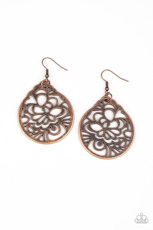Paparazzi Accessories Garden Mosaic - Copper Brushed in an antiqued shimmer, a round copper frame is stenciled in an airy floral cut-out pattern for a whimsical look. Earring attaches to a standard fishhook fitting. Sold as one pair of earrings. Jewelry
