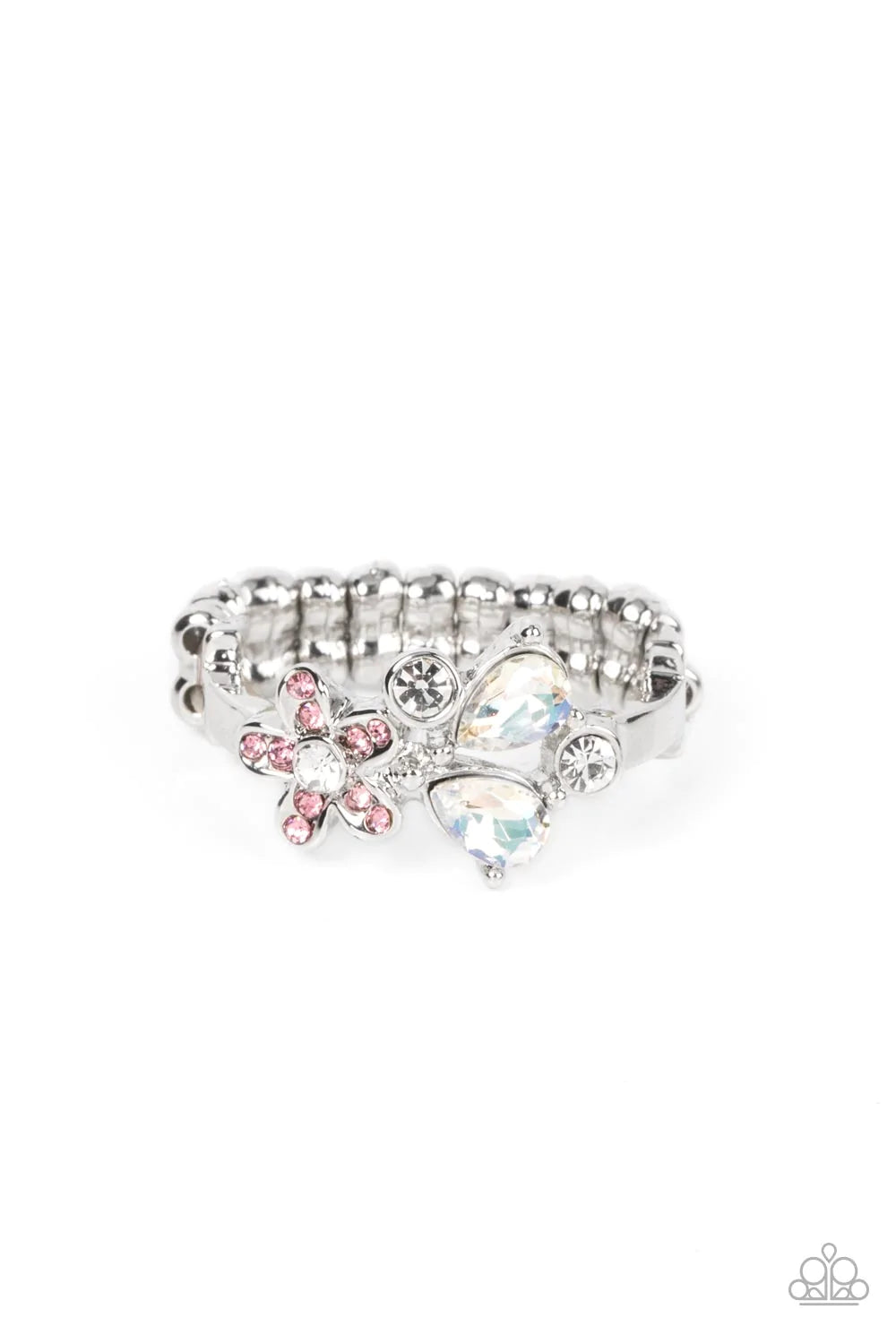 Paparazzi Accessories Enchanting Efflorescence - Pink A pink rhinestone dotted floral frame joins round and teardrop white rhinestones atop a dainty silver band, blooming into an enchanting centerpiece across the finger. Features a dainty stretchy band fo