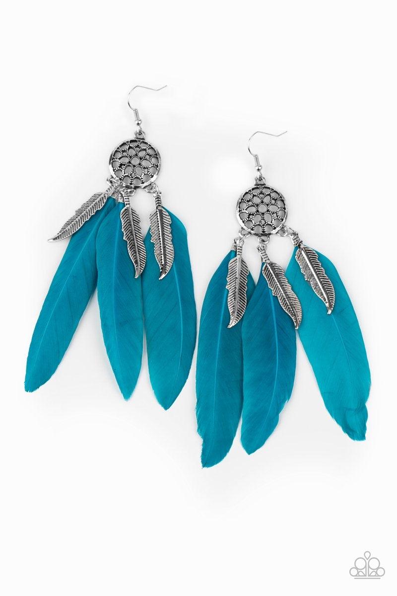 Paparazzi Accessories In Your Wildest DREAM-CATCHERS - Blue Vibrant blue feathers and antiqued silver feather charms swing from the bottom of an ornate silver frame, creating a wildly colorful dream-catcher. Earring attaches to a standard fishhook fitting