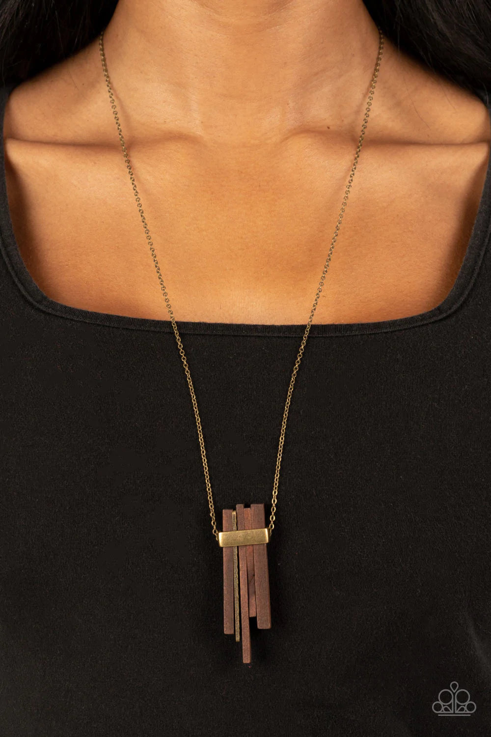 Paparazzi Accessories Cayman Castaway - Brass Banded together with a bold brass fitting, a collection of rectangular wooden frames join a hammered brass plate along an extended brass chain for an earthy twist. Features an adjustable clasp closure. Sold as