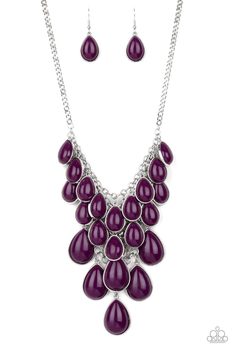 Paparazzi Accessories Shop Til You TEARDROP ~Purple Tinted in the classic rich hue of plum, polished purple teardrops gradually increase in size as they trickle along rows of interconnected mesh chain. The vivacious beads drip into a tapered shape, creati