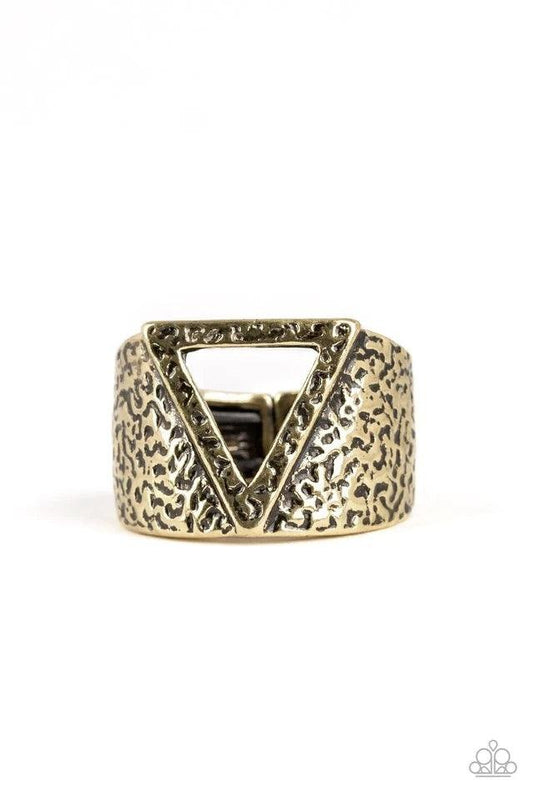 Paparazzi Accessories Triathlon - Brass An airy triangular frame is pressed into the center of a hammered brass band for an edgy look. Features a stretchy band for a flexible fit. Jewelry