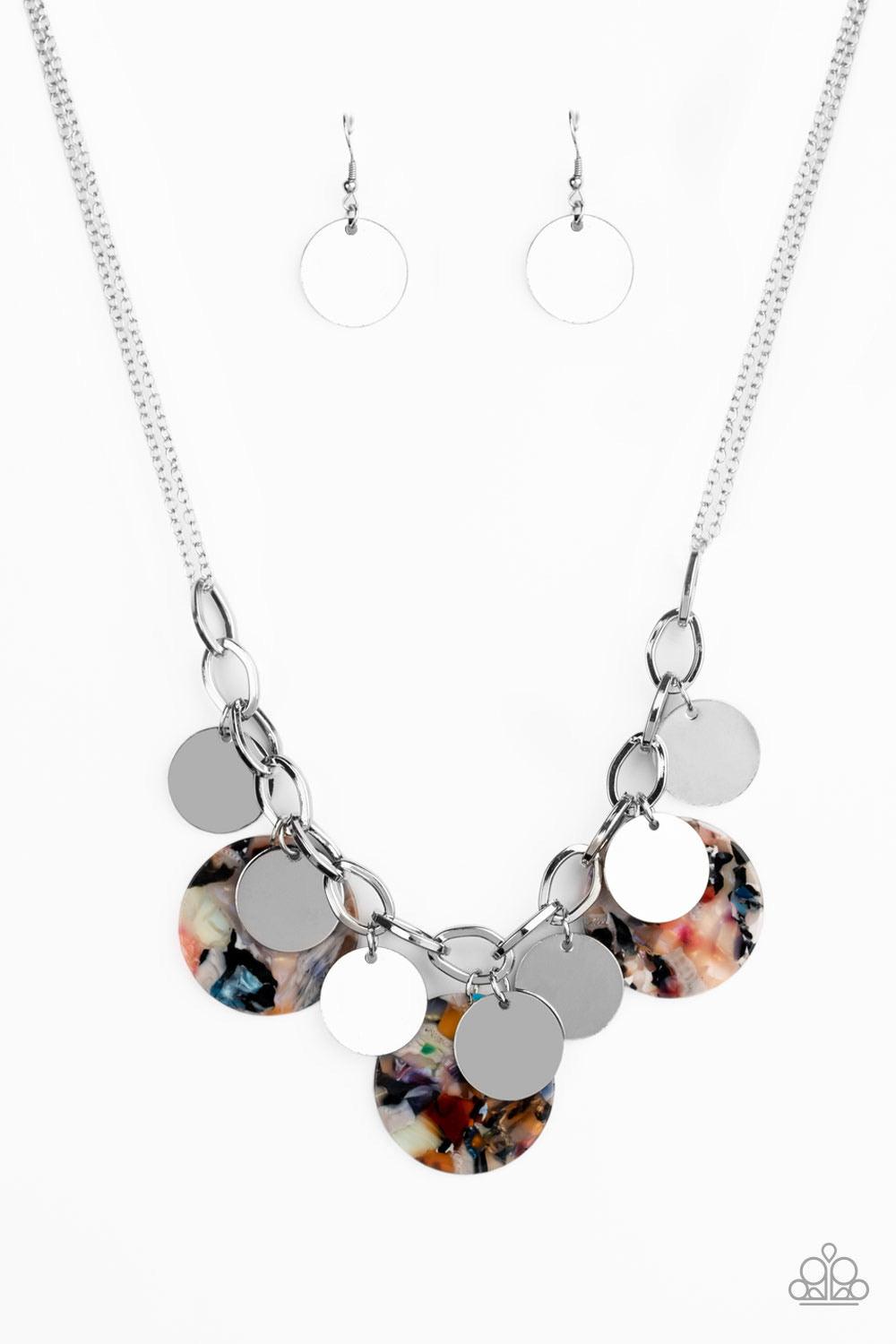 Paparazzi Accessories Confetti Confection - Multi Attached to doubled silver chain, a playful collection of colorful acrylic discs and shiny silver discs swing from the bottom of a bold silver chain, creating a bubbly fringe below the collar. Features an