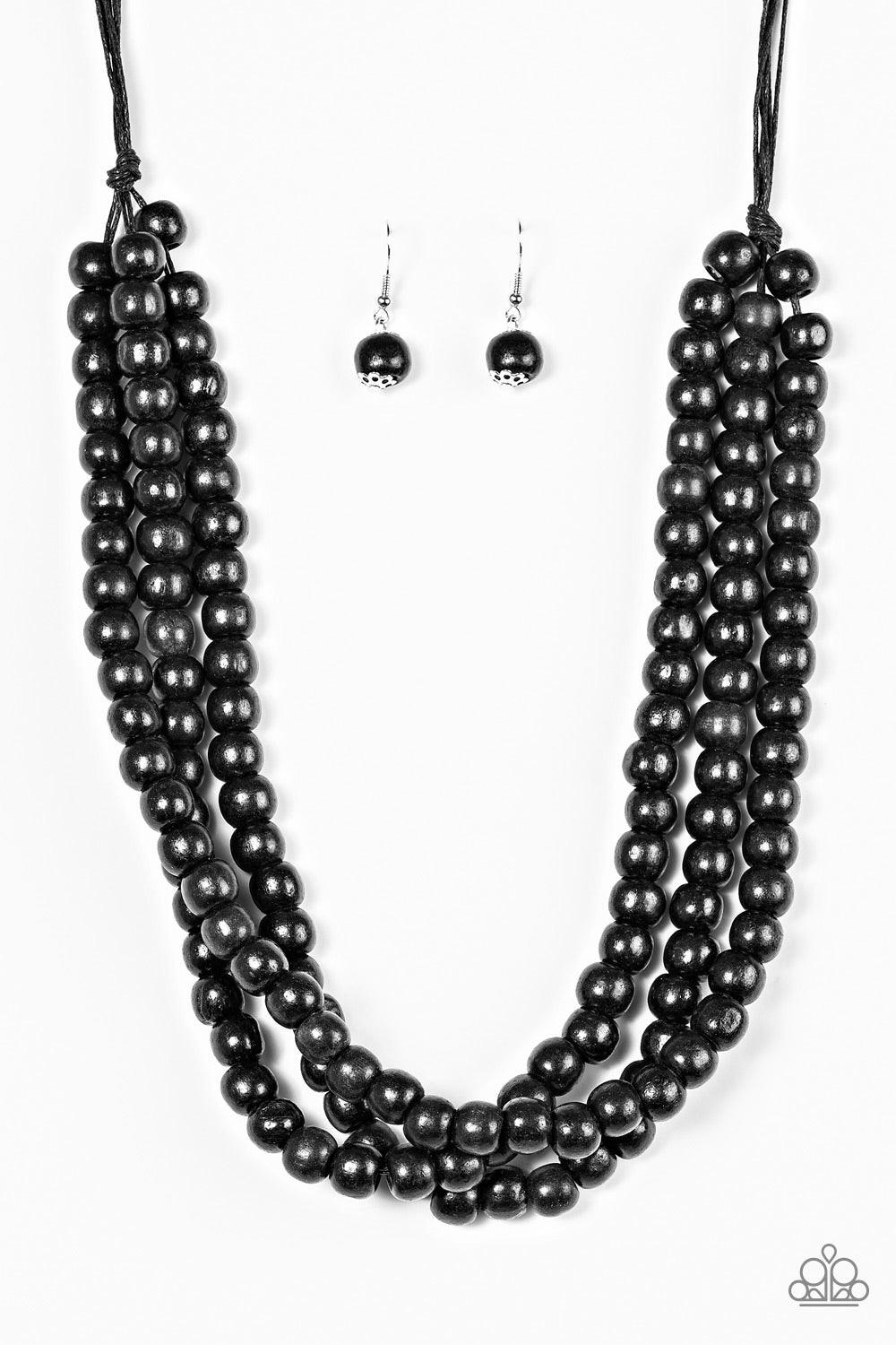 Paparazzi Accessories Summer Mai Tai - Black Tinted in a black finish, wooden beads are threaded along black cording, creating three colorful layers below the collar. Features a button-loop closure. Jewelry