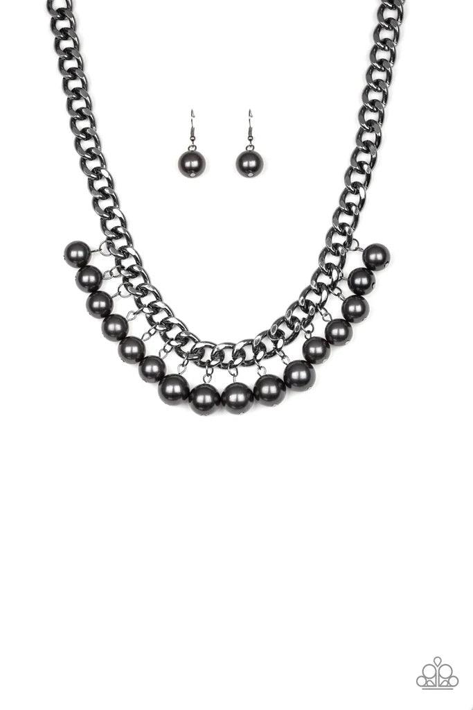 Paparazzi Accessories Get Off My Runway - Black Pearly gunmetal beads swing from the bottom of a hefty gunmetal chain, creating a dramatic fringe below the collar. Features an adjustable clasp closure. Sold as one individual necklace. Includes one pair of