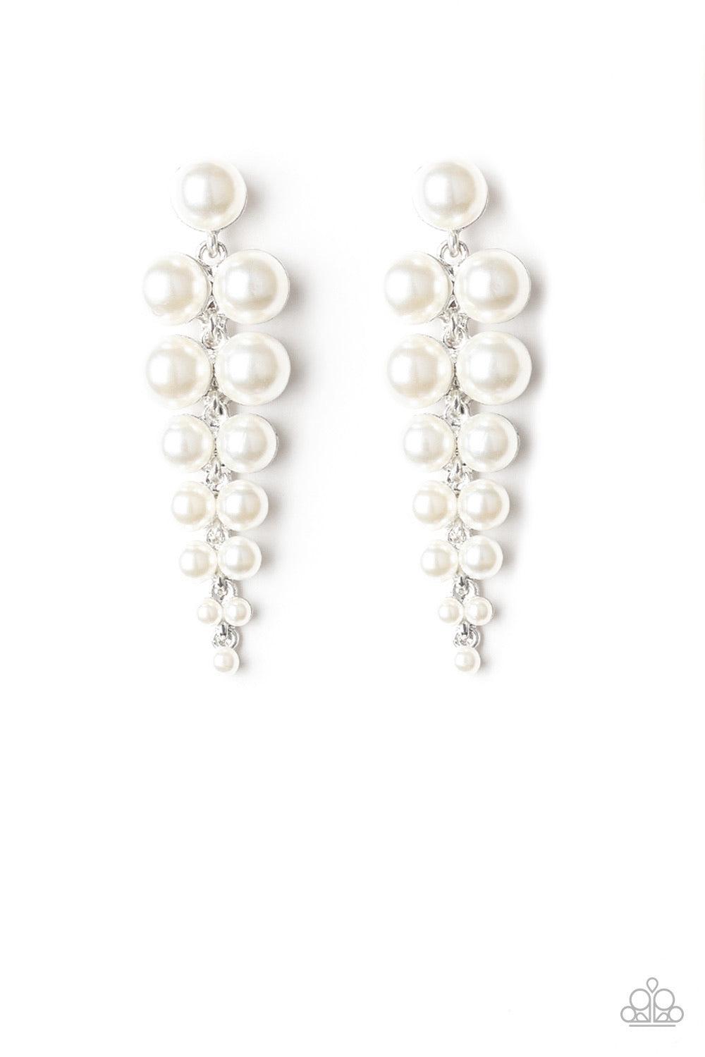 Paparazzi Accessories Totally TriBeCa - White Gradually decreasing in size, pairs of classic white pearls drip from a solitaire pearl, coalescing into a dramatic triangular-shaped lure. Earring attaches to a standard post fitting. Jewelry