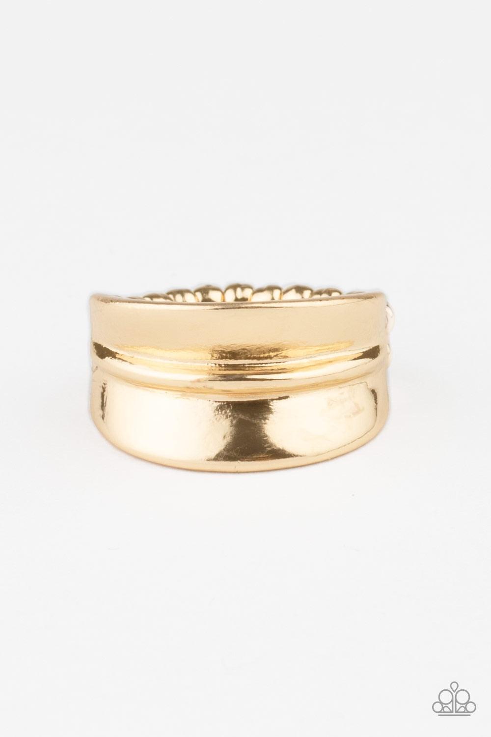 Paparazzi Accessories Band Together - Gold Brushed in a high-sheen finish, a rippling gold band arcs across the finger for a classic look. Features a dainty stretchy band for a flexible fit. Sold as one individual ring. Jewelry