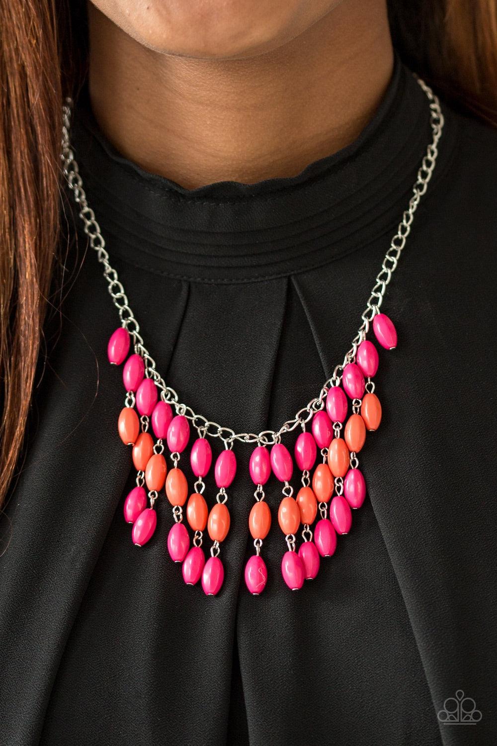 Paparazzi Accessories Delhi Diva - Pink Faceted pink and orange beads cascade from the bottom of a shimmery silver chain, creating a flirty fringe below the collar. Features an adjustable clasp closure. Jewelry