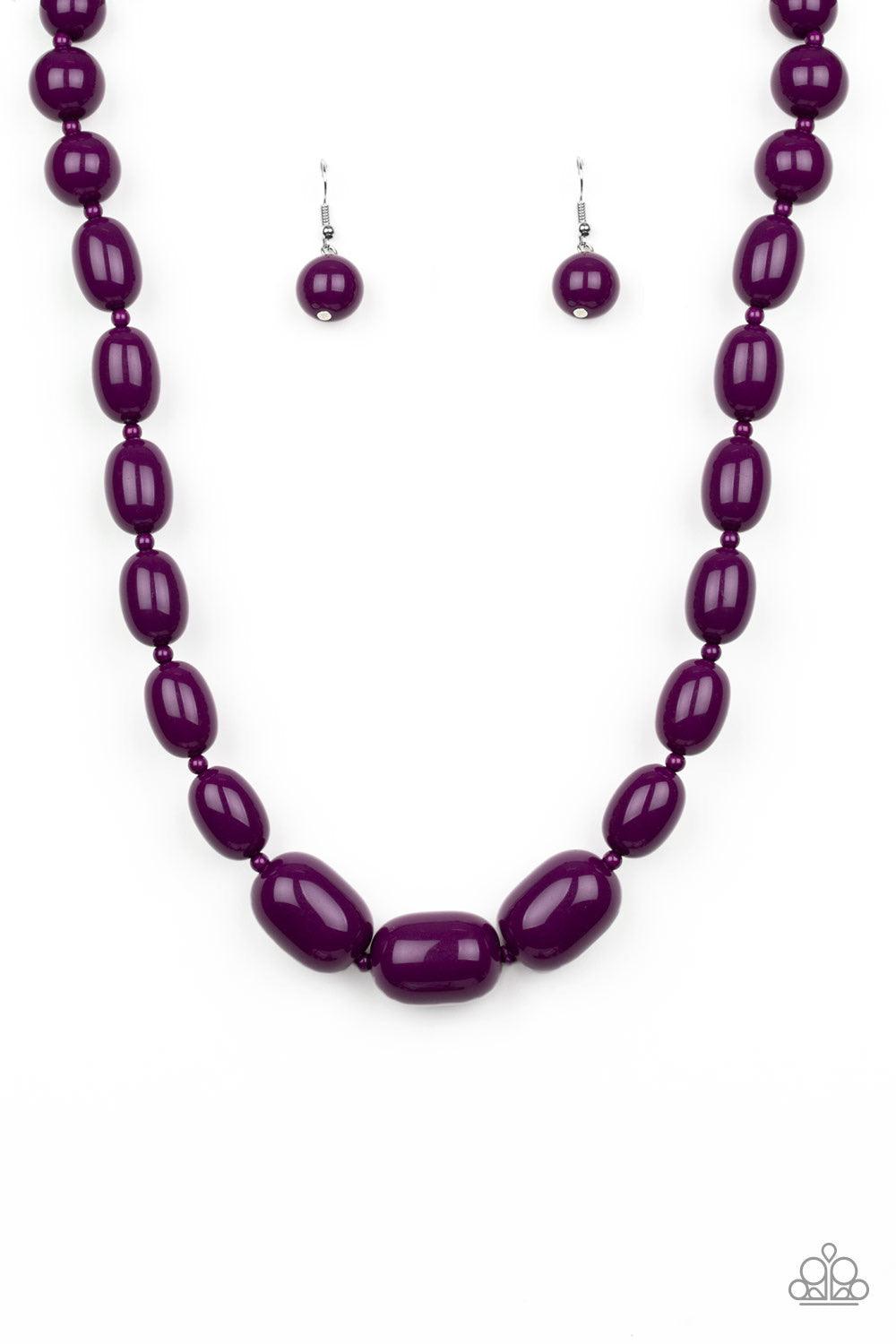Paparazzi Accessories Poppin Popularity - Purple Infused with dainty purple beads, round plum beads trickle into bold oval beads, creating a bold pop of color below the collar. Features an adjustable clasp closure. Jewelry