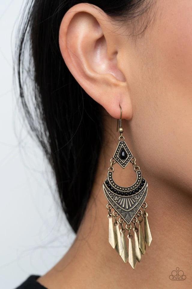 Paparazzi Accessories TrailBlazer Bleam - Brass Featuring black beaded accents, mismatched studded and geometrically embossed brass frames give way to a fringe of flared brass bars for an edgy finish. Earring attaches to a standard fishhook fitting. Jewel