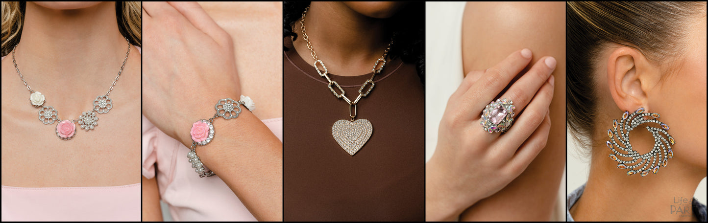 Paparazzi Accessories April 2023 Life of the Party Complete Pack April 2023 LOP Preview Pack of All 5 Exclusive Pieces Includes one of each Life of the Party exclusive accessory for April 2023: Jewelry Sets
