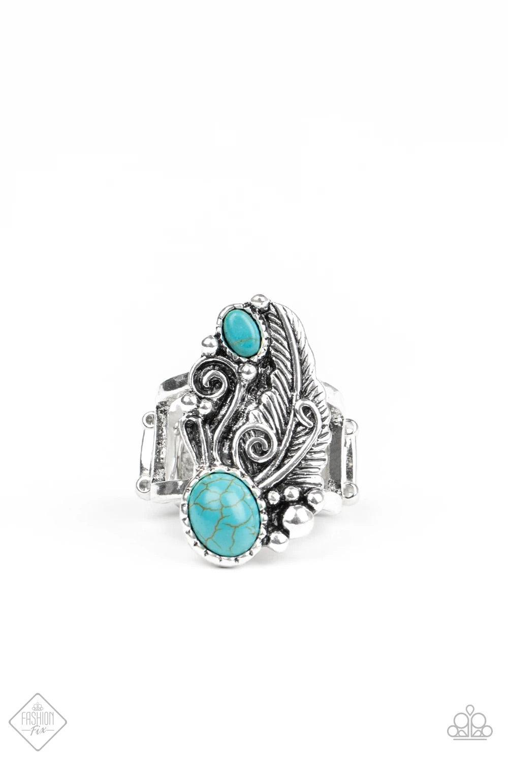Paparazzi Accessories Desert Nest ~Blue Two oval turquoise stones are juxtaposed against a whimsical silver feather backdrop, creating a unique centerpiece atop the finger. Features a stretchy band for a flexible fit. Sold as one individual ring. Jewelry