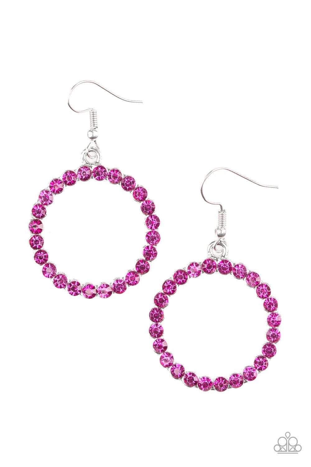 Paparazzi Accessories Bubblicious - Pink Glittery pink rhinestones are encrusted along a circular silver frame, creating a bubbly frame. Earring attaches to a standard fishhook fitting. Sold as one pair of earrings. Jewelry