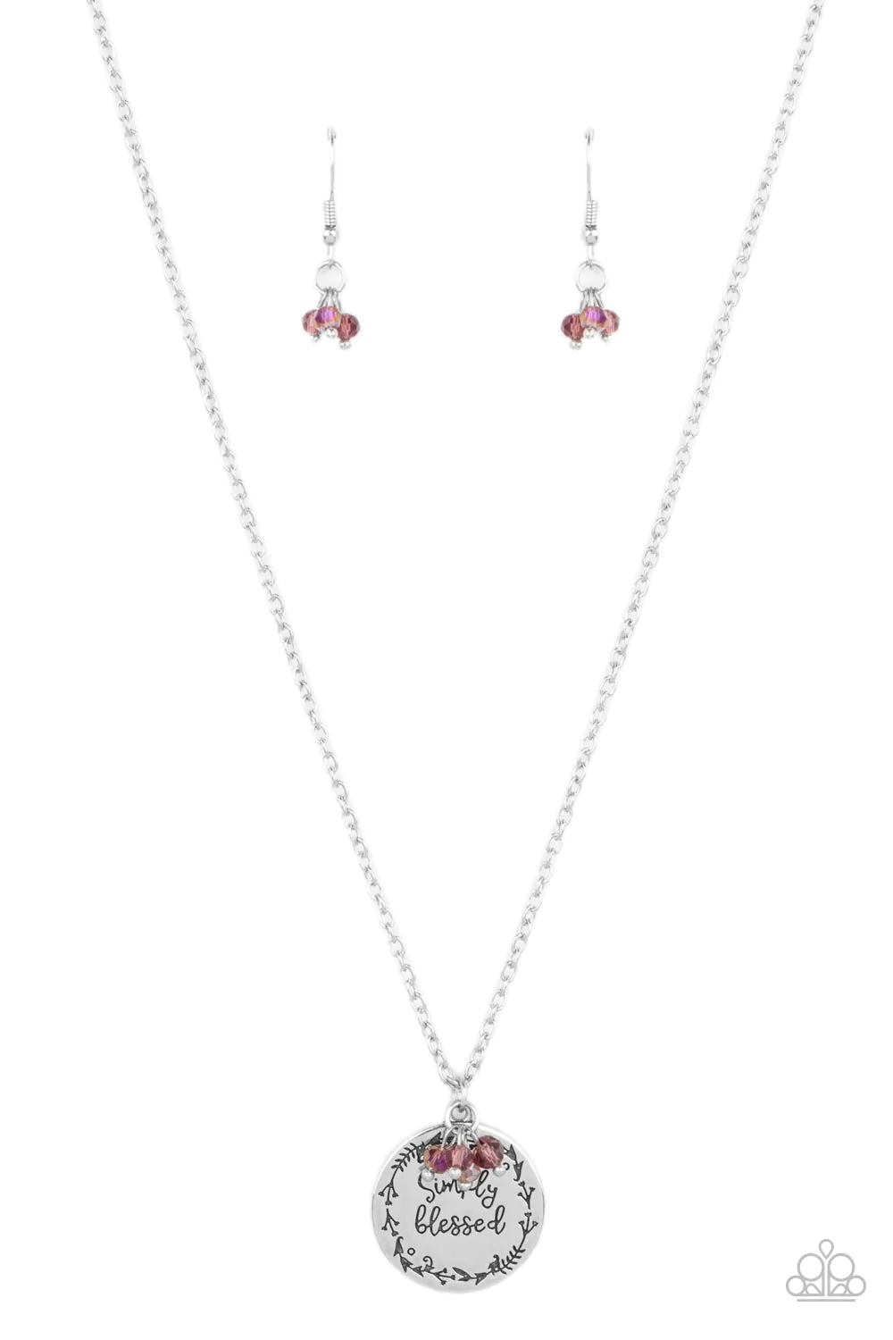 Paparazzi Accessories Simple Blessings - Purple Bordered in a leafy pattern, a shiny silver disc is stamped with the phrase, "Simply Blessed," joins a dainty cluster of iridescent purple crystal-like beads at the bottom of a chain, creating an inspiration