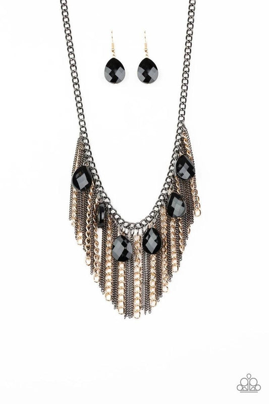 Paparazzi Accessories Vixen Conviction - Multi Infused with a row of faceted black teardrops, mismatched strands of gold and gunmetal chains stream from the bottom of a glistening gunmetal chain, creating a statement-making fringe below the collar. Featur