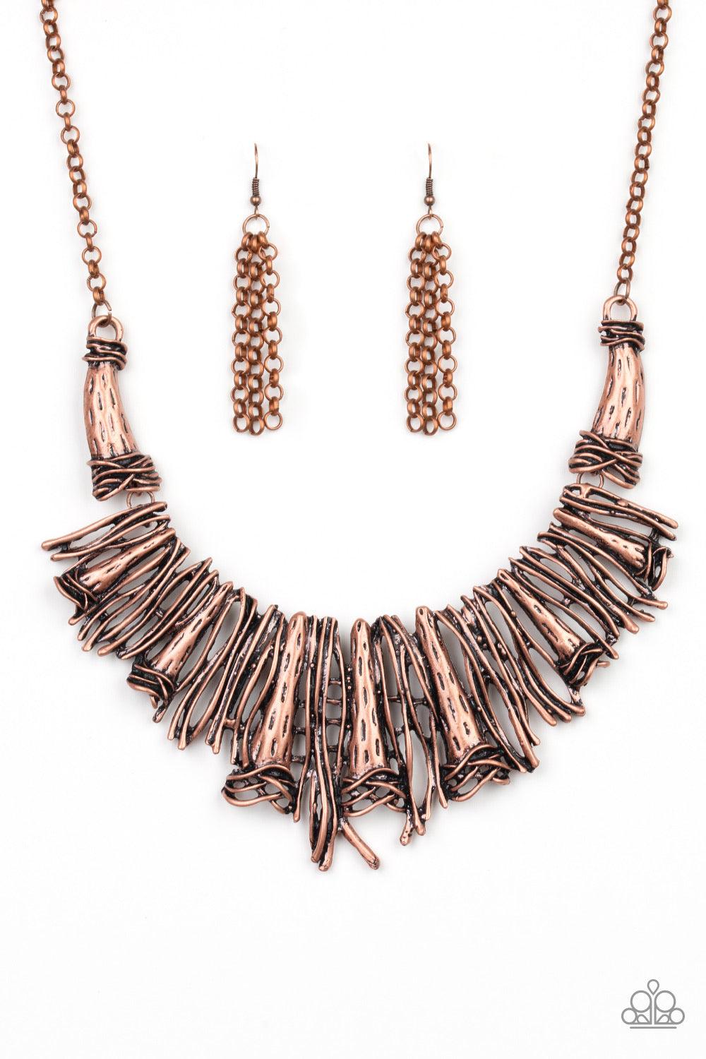 Paparazzi Accessories In the MANE-stream - Copper Brushed in an antiqued shimmer, a collision of glistening copper bars and hammered copper accents coalesce into an abstract statement piece below the collar for a fierce industrial look. Features an adjust