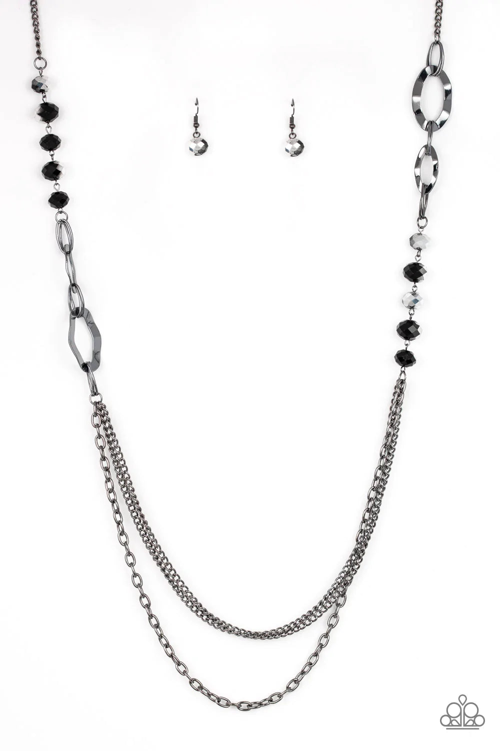 Paparazzi Accessories Modern Girl Glam - Black Dipped in metallic shimmer, a collection of black crystal-like beads and hammered gunmetal frames give way to layers of mismatched gunmetal chains for a modern look. Features an adjustable clasp closure. Sold