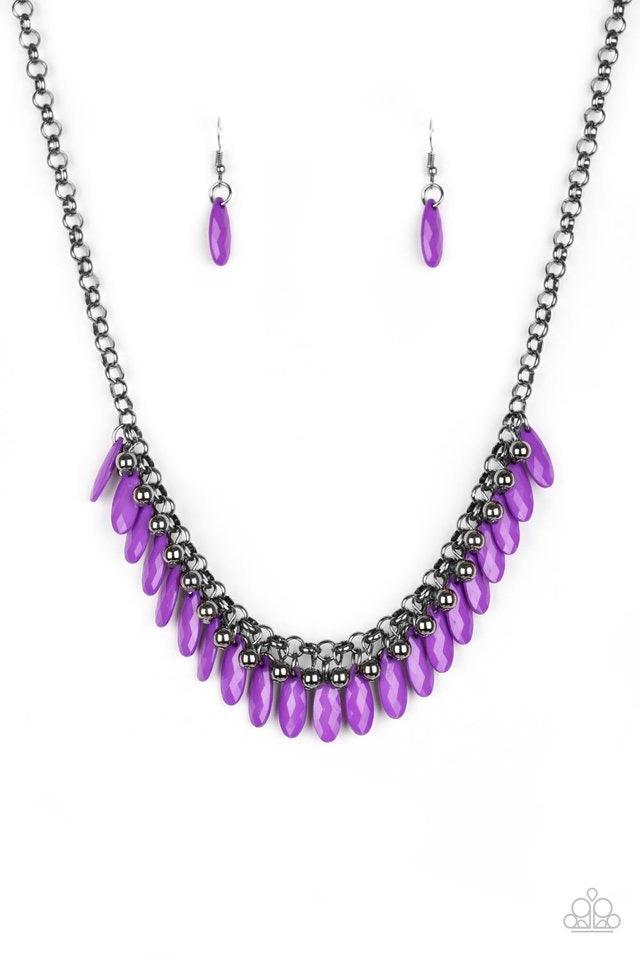 Paparazzi Accessories Jersey Shore - Purple Faceted purple teardrops and glistening gunmetal beads swing from the bottom of interlocking gunmetal chains, creating a spunky fringe below the collar. Features an adjustable clasp closure. Jewelry