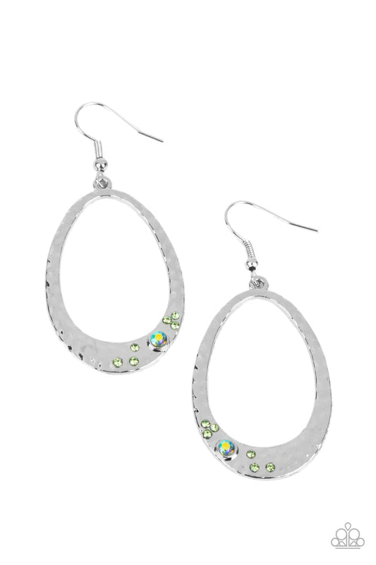 Paparazzi Accessories Seafoam Shimmer - Green A smattering of green and iridescent rhinestones is haphazardly sprinkled across the bottom of a hammered silver teardrop, resulting in an effervescent sparkle. Earring attaches to a standard fishhook fitting.