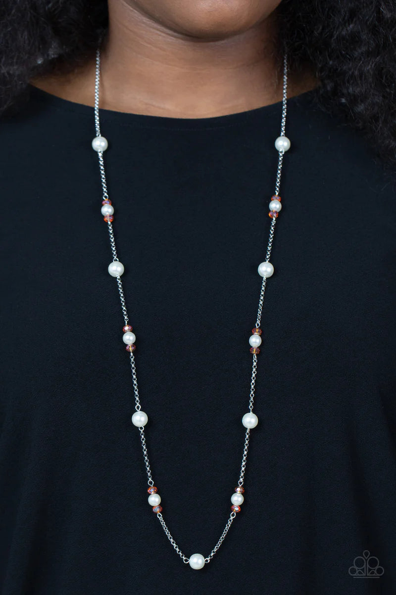 Paparazzi Accessories Keep Your Eye on the BALLROOM - Orange Dotted with bubbly white pearls, an extended silver chain is adorned with metallic flecked orange opal gems and dainty white pearls for an elegant fashion. Features an adjustable clasp closure.