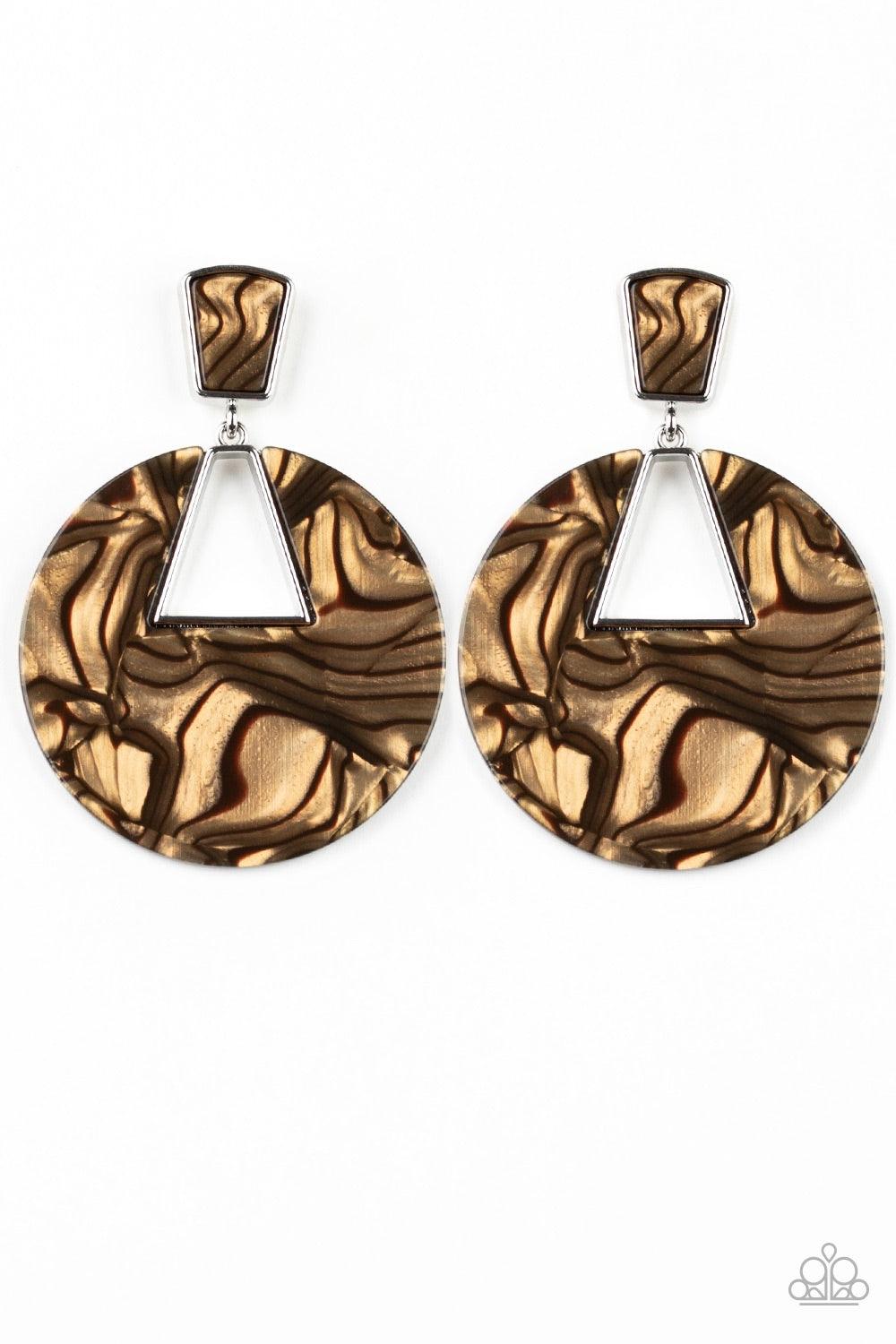 Paparazzi Accessories Let HEIR Rip! - Brown Featuring a faux marble finish, a shimmering acrylic frame swings from the bottom of a matching acrylic fitting for a refined, retro look. Earring attaches to a standard post fitting. Jewelry