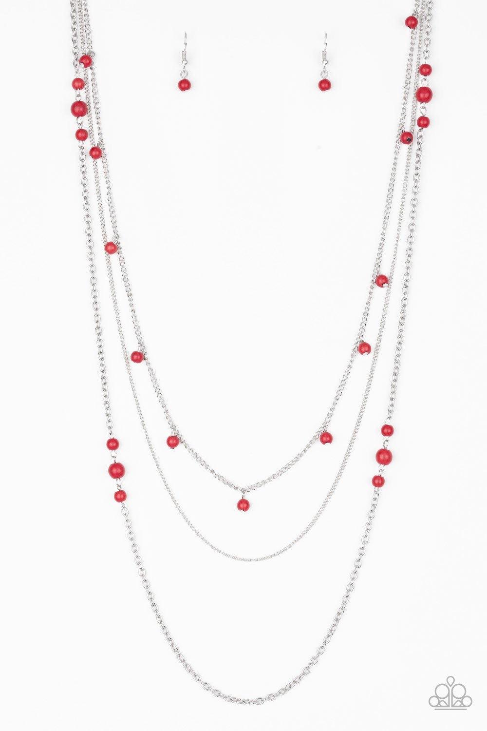Paparazzi Accessories Laying The Groundwork - Red Infused with a plain silver chain, mismatched fiery red stone beads sporadically trickle along shimmery silver chains, creating vivacious layers down the chest. Features an adjustable clasp closure. Jewelr