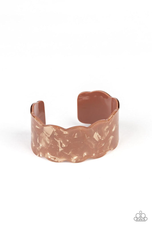 Paparazzi Accessories Retro Ruffle - Brown Flecked in shimmer, a scalloped brown acrylic cuff waves across the wrist for a colorfully retro look. Jewelry