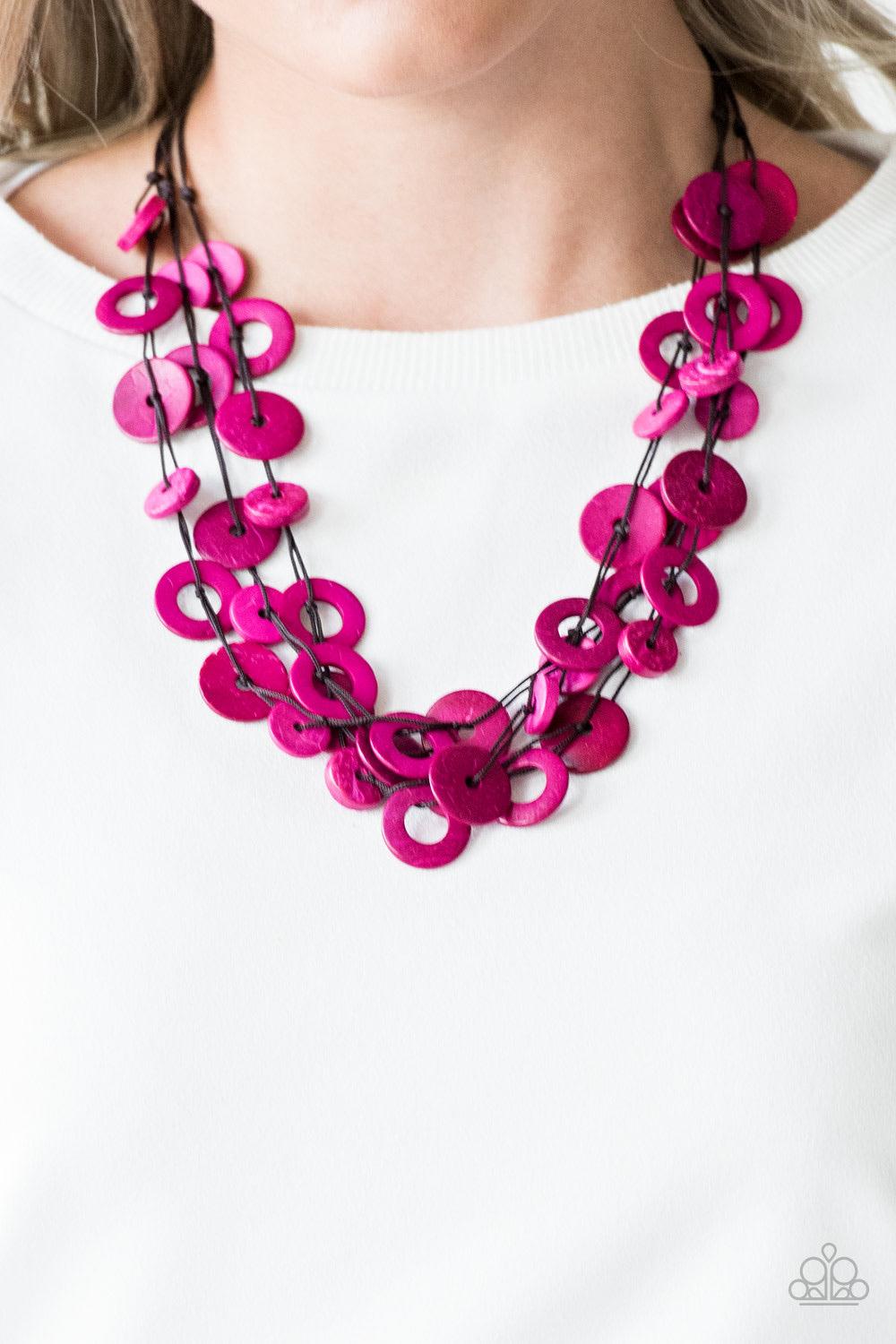 Paparazzi Accessories Wonderfully Walla Walla - Pink Shiny brown cording knots around mismatched pink wooden beads, creating vivacious layers. Features a button loop closure. Jewelry