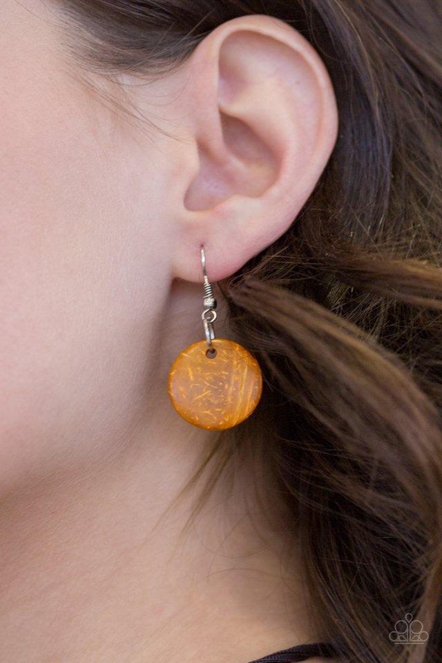 Paparazzi Accessories Bali Boardwalk - Orange Brushed in a distressed finish, vivacious orange wooden beads and discs trickle along three strands, creating a summery look down the chest. Features a button loop closure. Jewelry
