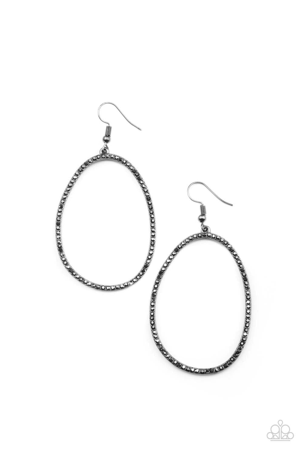 Paparazzi Accessories OVAL-ruled! - Black Dotted in dainty hematite rhinestones, an asymmetrical oval gunmetal frame swings from the ear for a sassy look. Earring attaches to a standard fishhook fitting. Sold as one pair of earrings. Jewelry