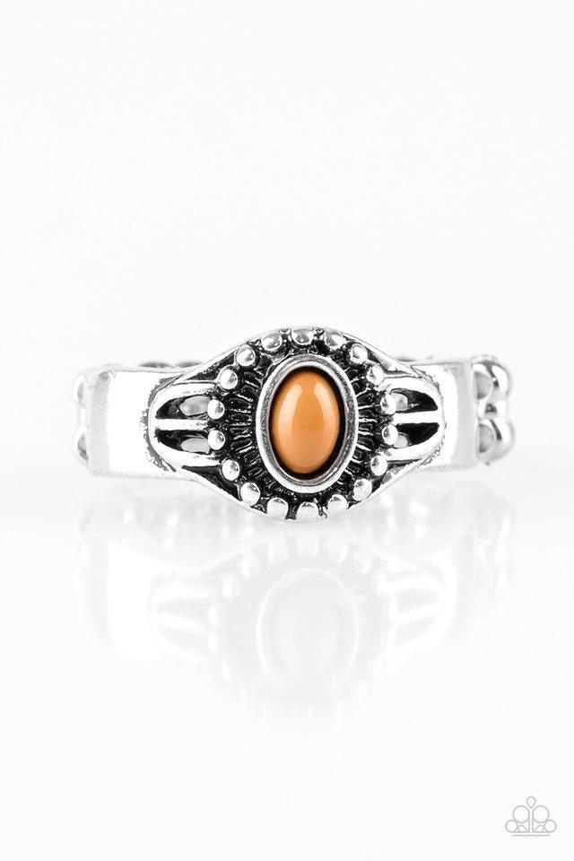 Paparazzi Accessories Right on TREK - Brown A refreshing brown bead is pressed into the center of a dainty silver band radiating with tribal inspired textures for a seasonal look. Features a dainty stretchy band for a flexible fit. Sold as one individual