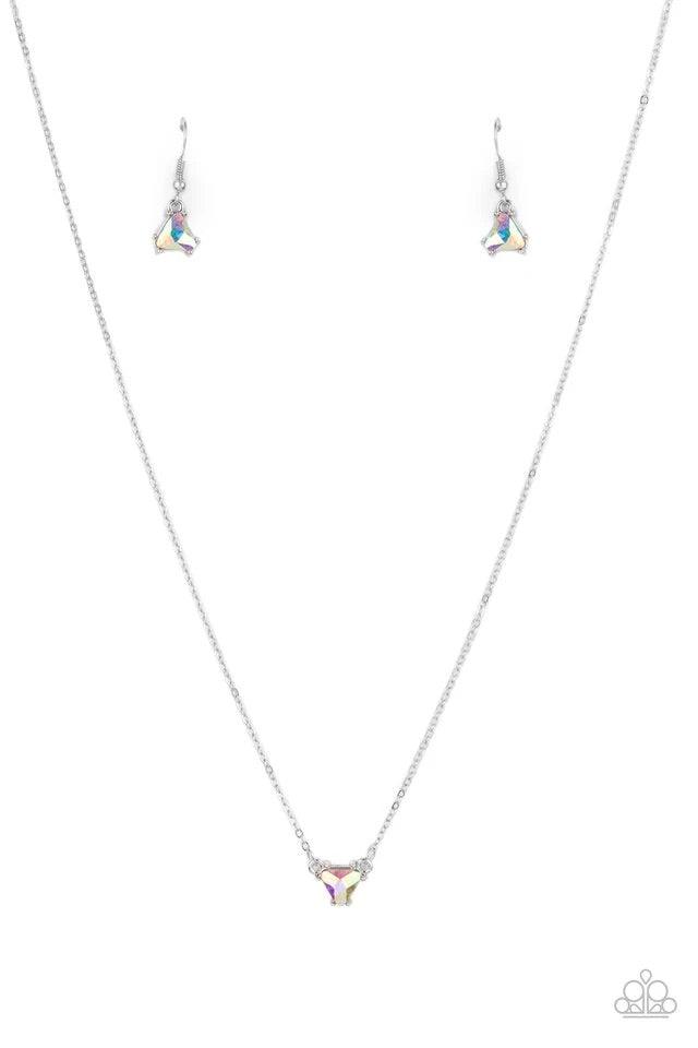 Paparazzi Accessories Downright Dainty - Multi Encased in a sleek silver fitting, a triangular iridescent rhinestone attaches to a classic silver chain below the collar for a colorfully dainty look. Features an adjustable clasp closure. Jewelry