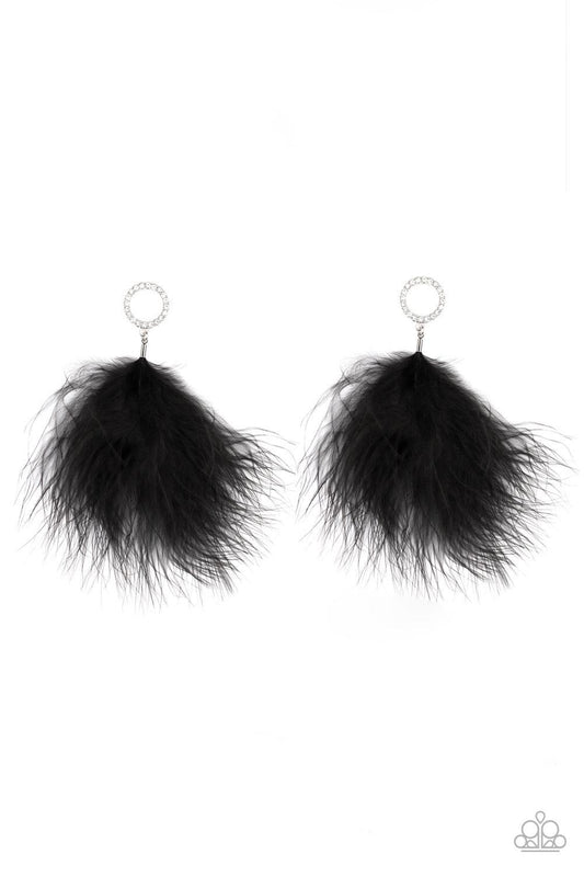 Paparazzi Accessories BOA Down - Black A fuzzy black feather swings from the bottom of a white rhinestone encrusted silver ring, creating a refined lure. Earring attaches to a standard post fitting. Sold as one pair of post earrings. Jewelry