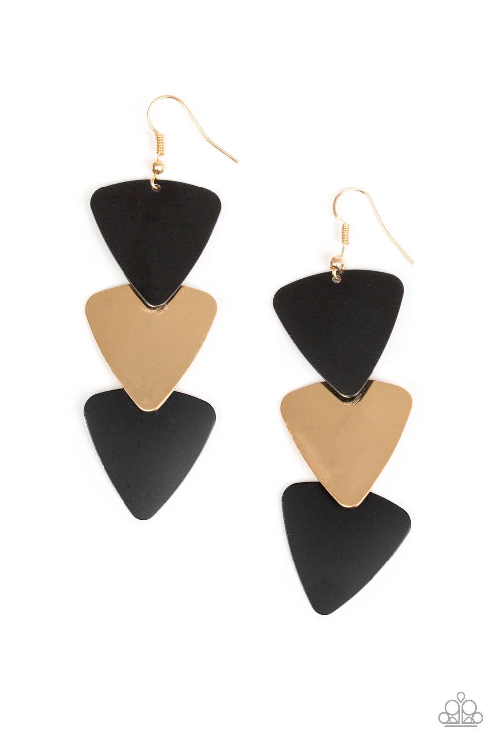 Paparazzi Accessories Terra Trek - Black Brushed in a high-sheen shimmer, glistening black and gold triangular frames cascade from the ear, creating an edgy lure. Earring attaches to a standard fishhook fitting. Jewelry