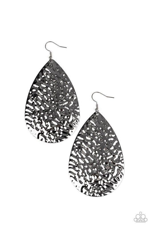 Paparazzi Accessories Metallic Mirrors - Black Hammered in a blinding finish, a rippling gunmetal teardrop swings from the ear for a bold industrial flair. Earring attaches to a standard fishhook fitting. Sold as one pair of earrings. Jewelry